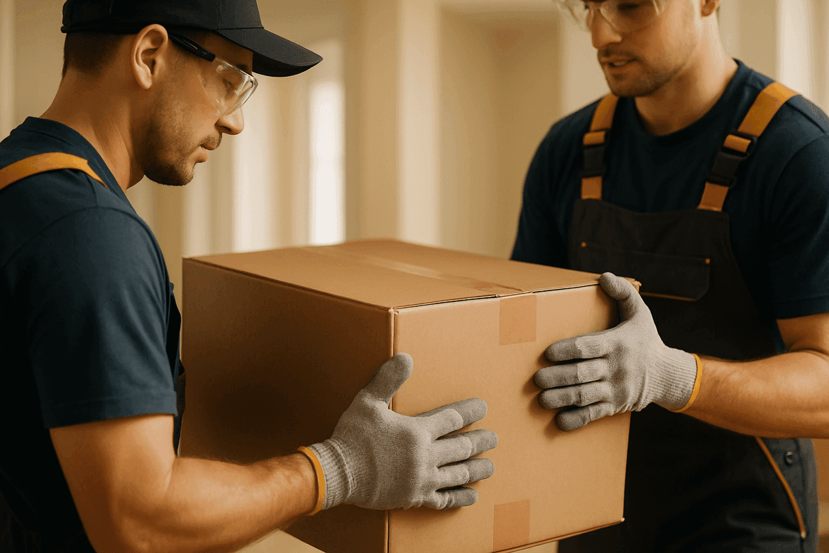 Close-up of two movers in safety gear lifting a large cardboard box inside a well-lit home.