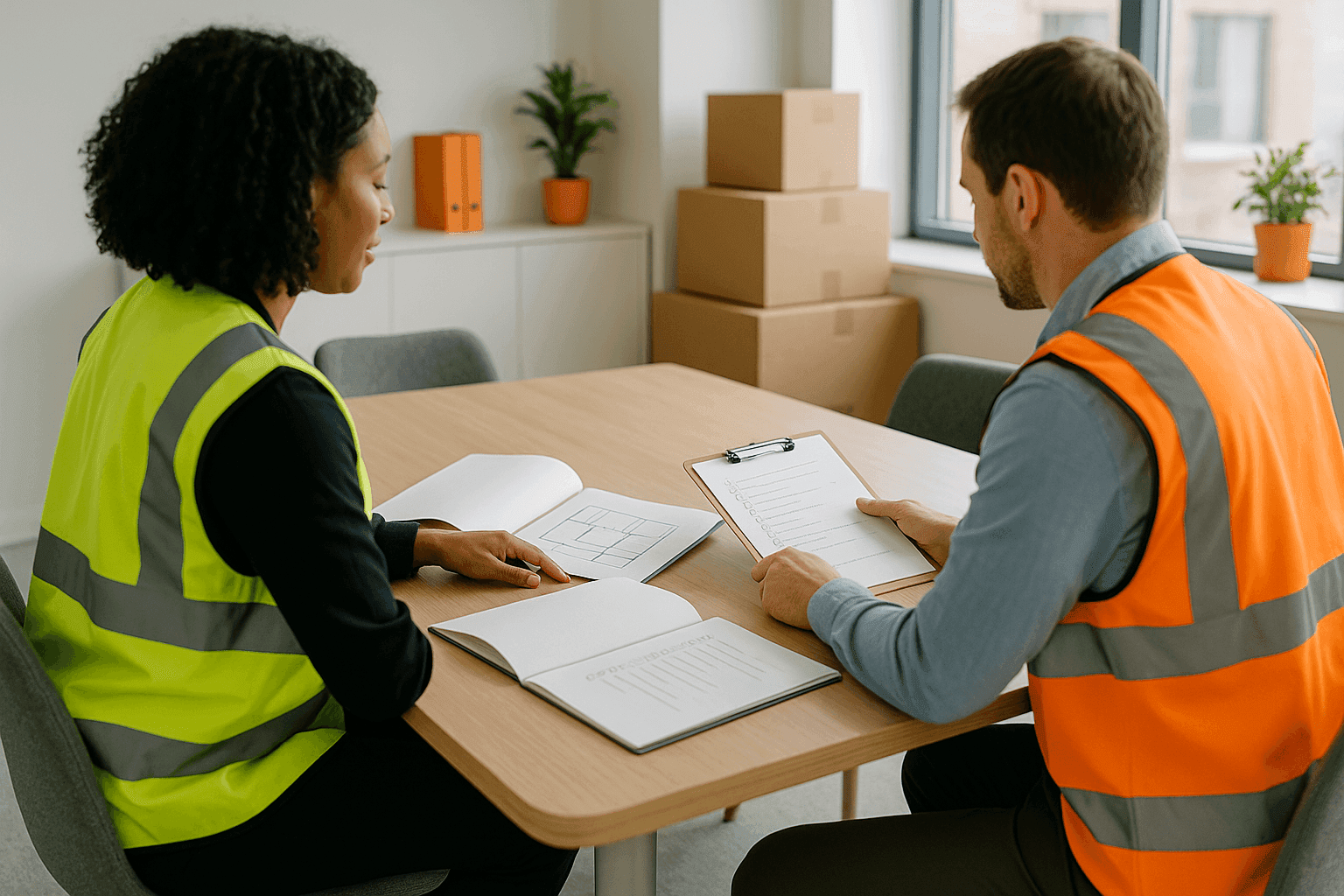 Consultant and client discussing moving plans at a professional office table
