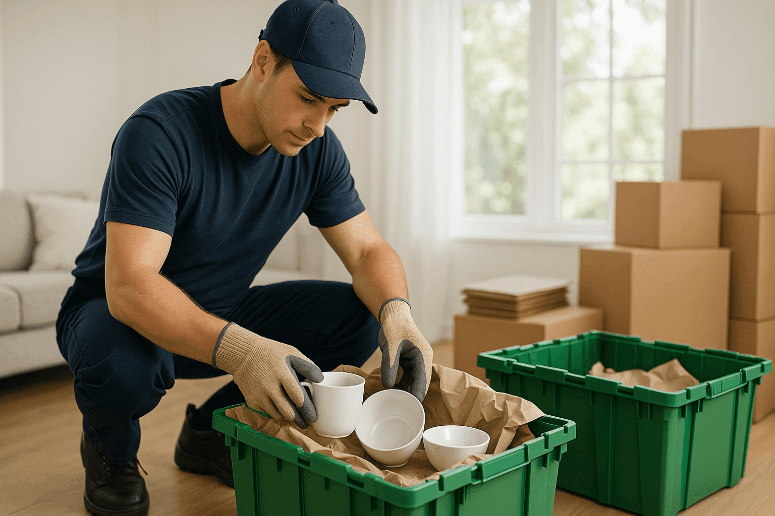 Mover using recycled packing materials and reusable bins in a bright, clean space