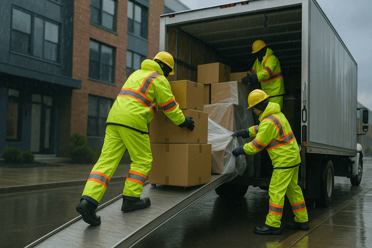 Moving crew securing boxes and coverings during a stormy day