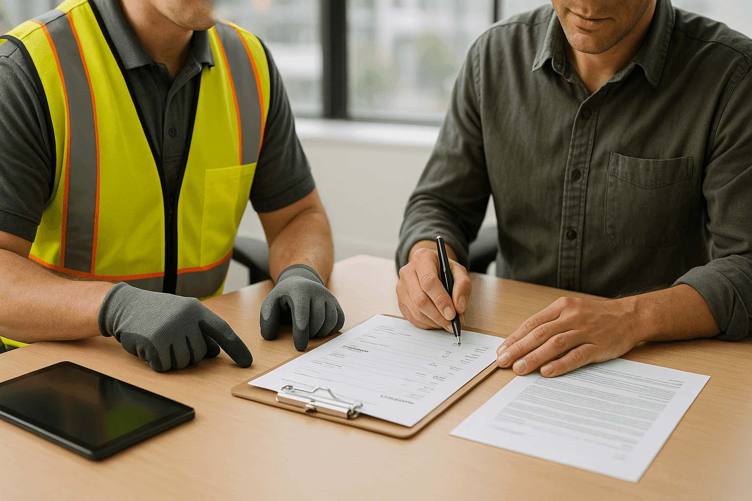 Moving consultant reviewing cost estimate with client over paperwork