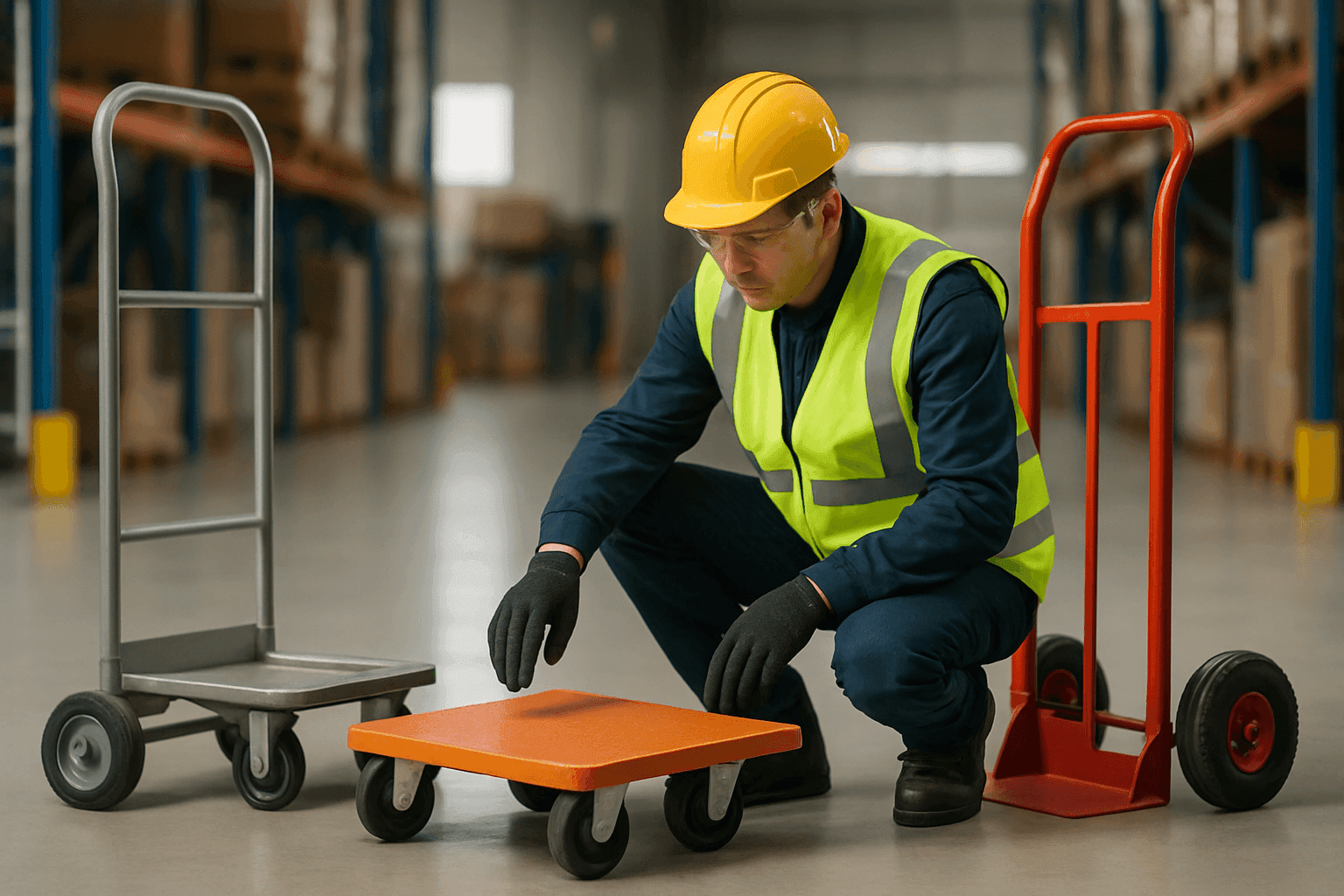 Technician inspecting moving equipment on a clean warehouse floor