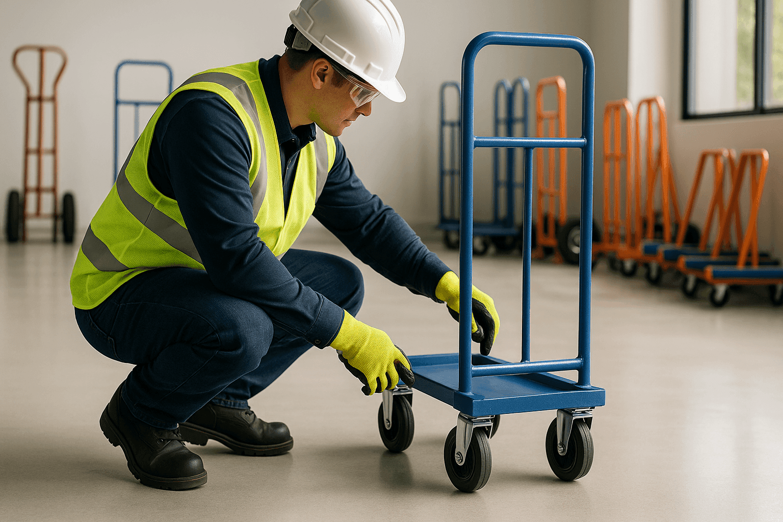 Technician examining worn wheels on a moving dolly in a clean workspace