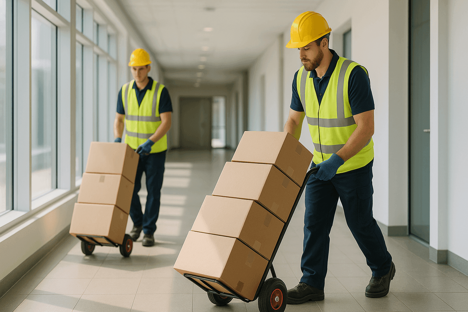 Workers in PPE moving boxes safely with proper equipment in a bright hallway