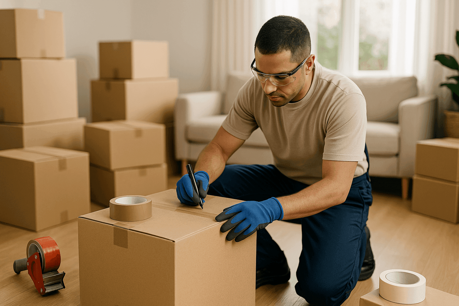 Homeowner packing and labeling boxes for a smooth moving day