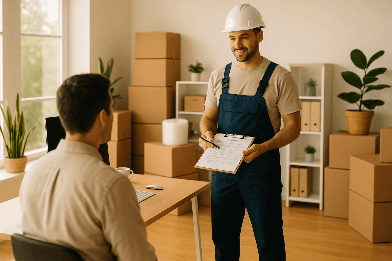 Professional mover reviewing a moving estimate with a customer in a well-lit office