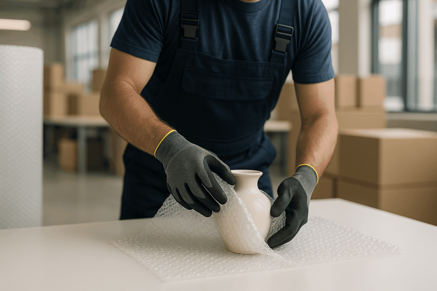 Professional mover wrapping a fragile vase in bubble wrap on a clean, organized workspace