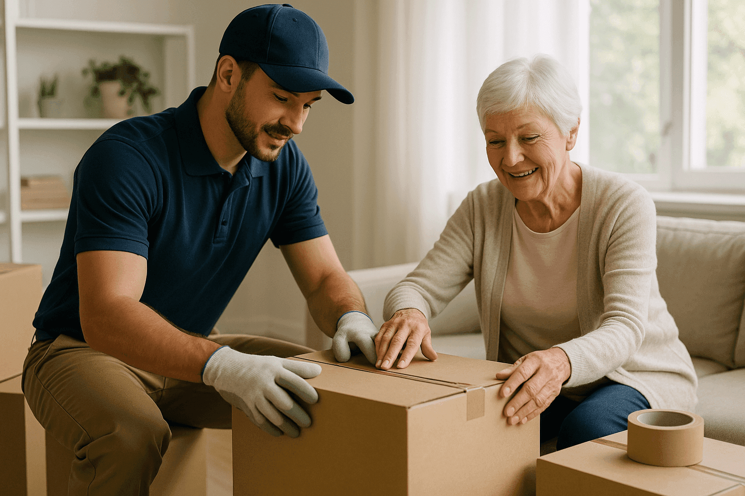 Professional mover assisting senior homeowner with packing boxes during a residential move